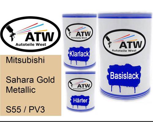 Mitsubishi, Sahara Gold Metallic, S55 / PV3: 500ml Lackdose + 500ml Klarlack + 250ml Härter - Set, von ATW Autoteile West.